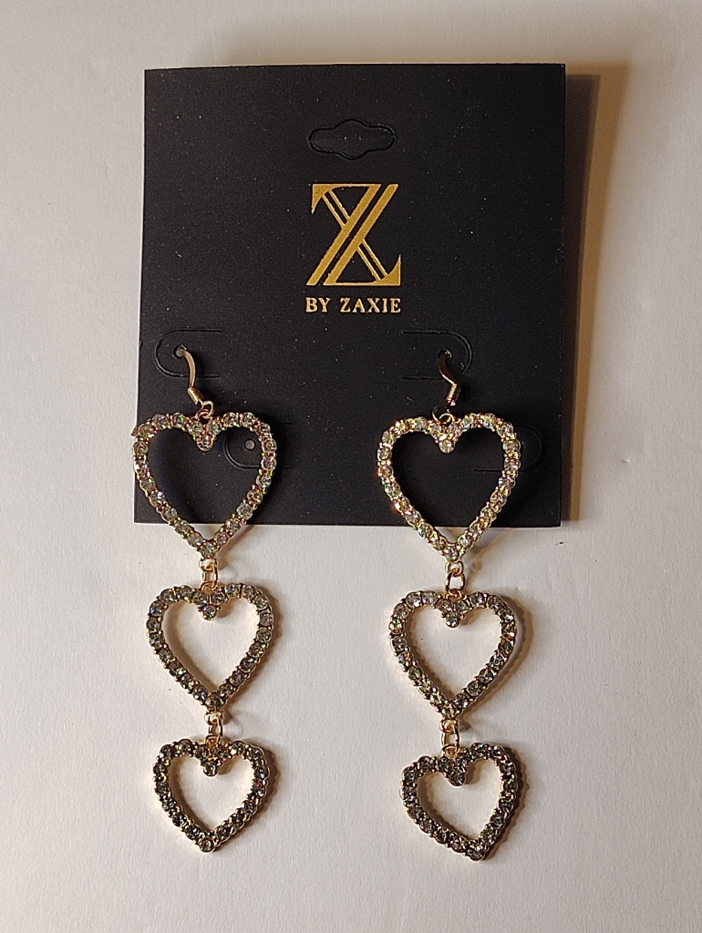 Gold Heart Drop Earrings with Iridescent Crystals